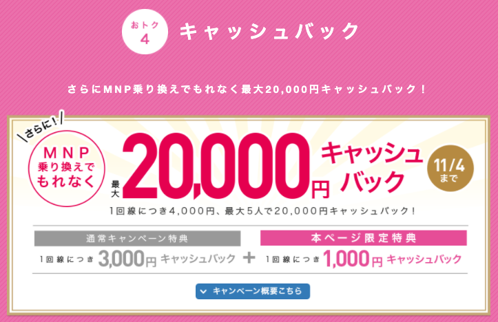 特典③:MNP乗り換えで最大20,000円キャッシュバック ※当サイト限定